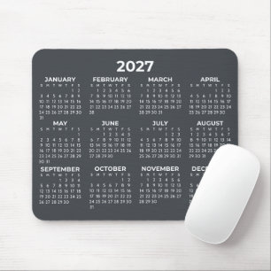 Full Year 2027 Calendar Modern Charcoal Grey White Mouse Pad
