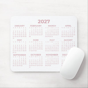 Full Year 2027 Calendar Pastel Blush Pink White Mouse Pad