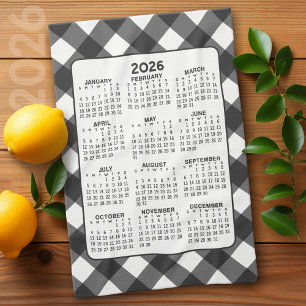 Full Year Calendar - Black White Farmhouse Check Tea Towel