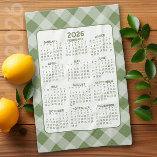 Full Year Calendar - Green White Farmhouse Check Tea Towel
