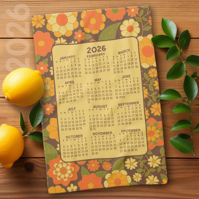 Full Year Calendar - Retro Flowers - Green Brown Tea Towel (2026 Calendar)