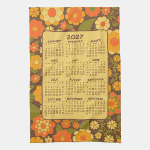 Full Year Calendar - Retro Flowers - Green Brown Tea Towel