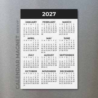 Full Year View 2027 Black White Magnetic Calendar