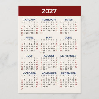 Full Year View 2027 Calendar Custom Colours Card