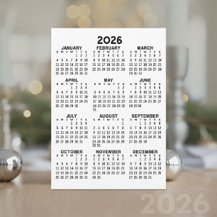Full Year View Calendar Basic Black White Card 