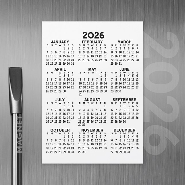 Full Year View Calendar - Basic Magnetic Card (2026 Calendar with a Magnetic Back)