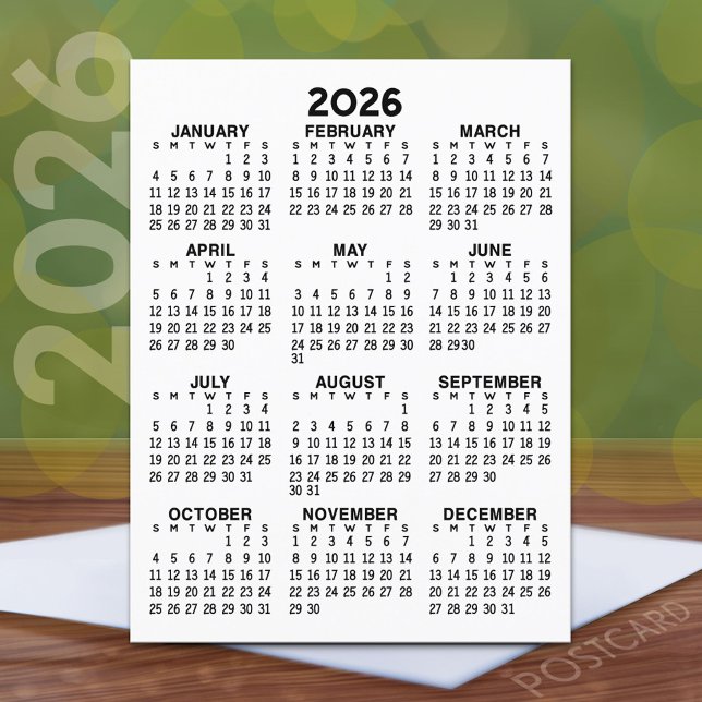 Full Year View Calendar - Basic Minimal Postcard (2026 Calendar Postcard)