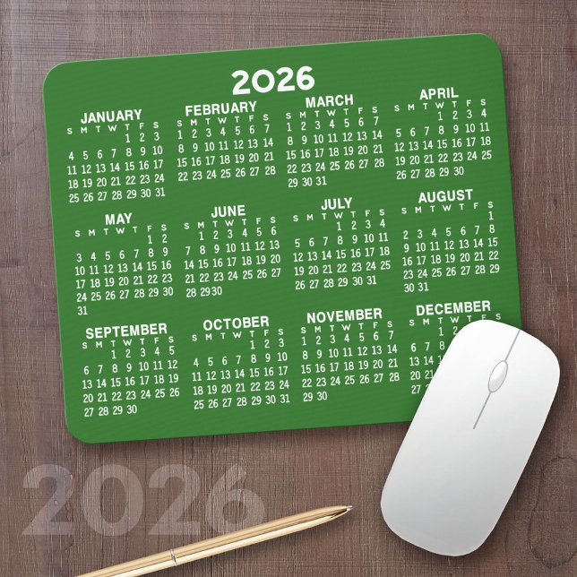 Full Year View Calendar - horizontal - Green Mouse Pad (2026 Calendar on a Mousepad)