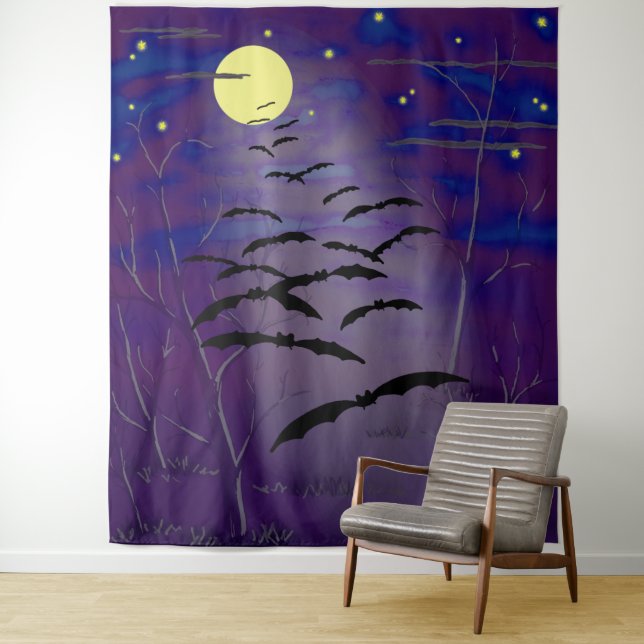 Full Yellow Moon Stars Flying Bats Halloween Tapestry (In Situ)