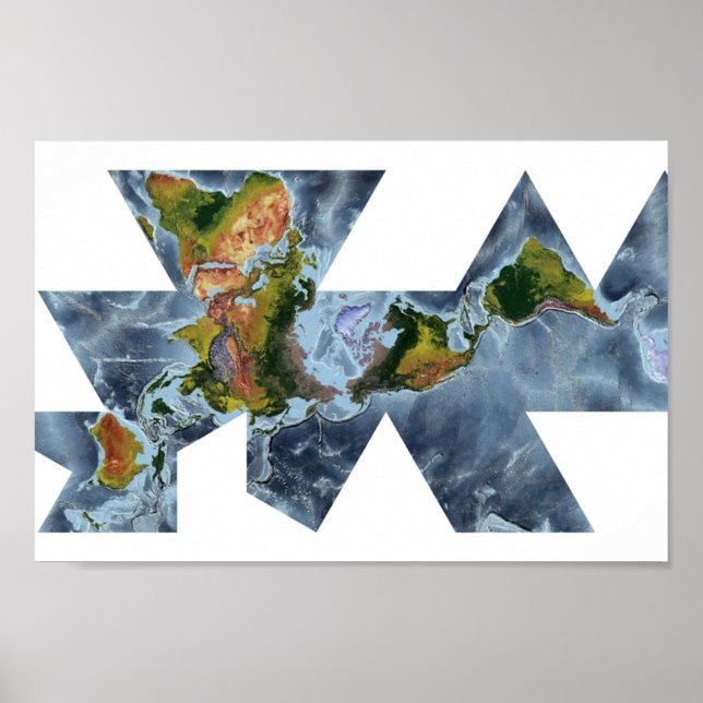 Fuller projection  World Map showing land and ocea Poster (Front)