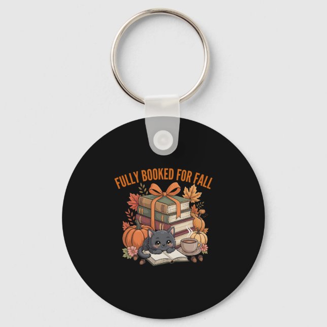 Fully Booked For Fall Pumpkin Cat Reading Books Au Key Ring (Front)