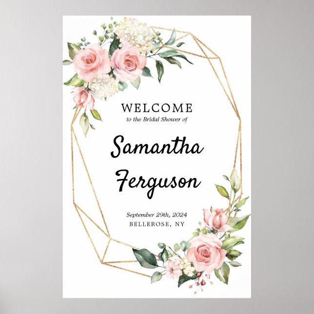 Fully editable blush pink floral gold welcome sign (Front)