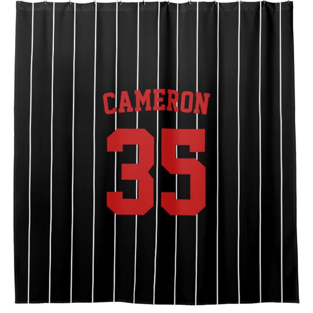 Fully Editable Colors Baseball Jersey Stripes Name Shower Curtain (Front)