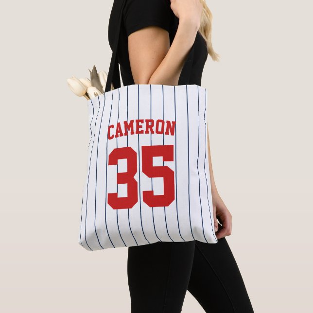 Fully Editable Colors Baseball Jersey Stripes Name Tote Bag (Close Up)