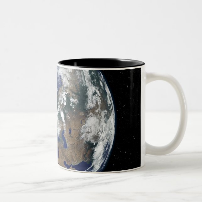 Fully lit Earth centred on Europe Two-Tone Coffee Mug (Right)