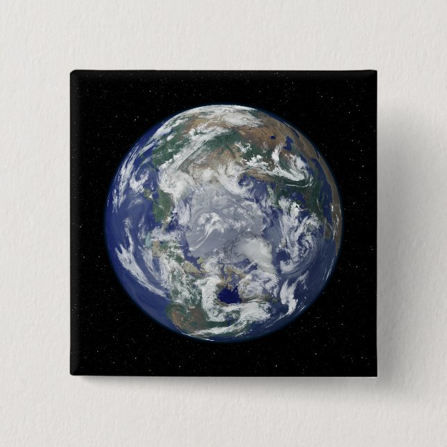 Fully lit Earth centred on the North Pole 15 Cm Square Badge (Front)