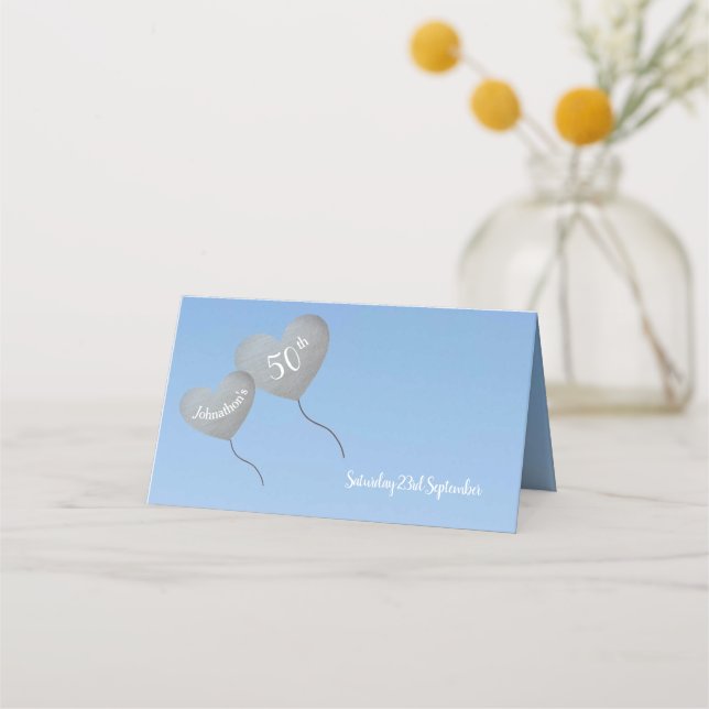 Fully personalisable silver balloon 50th birthday place card (Front)