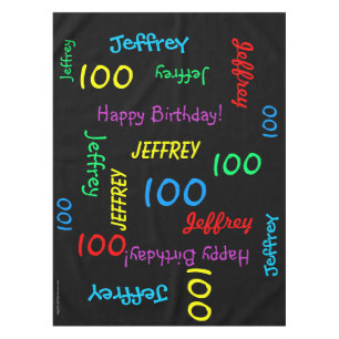 FUN 100th Birthday Party, Repeating Names Black Tablecloth