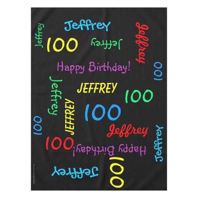 FUN 100th Birthday Party, Repeating Names Black Tablecloth (Front)