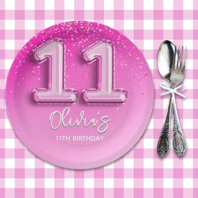 Fun 11th Birthday Girl Pink Number Balloon Paper Plate (Creator Uploaded)