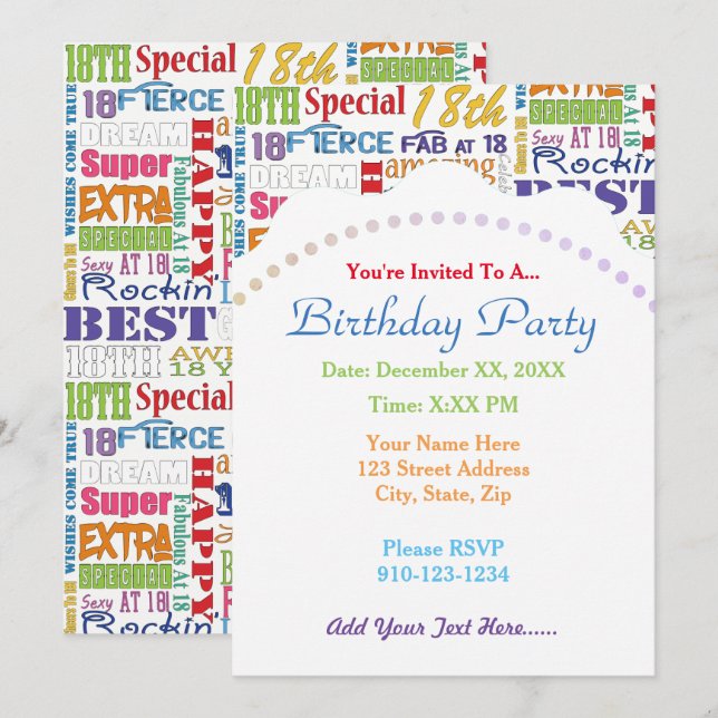 Fun 18th Birthday Party Favours Personalised Invitation (Front/Back)