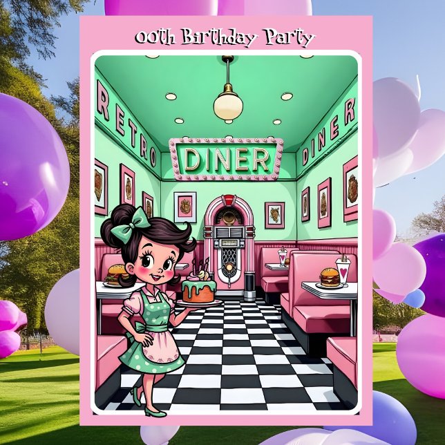 Fun 1950s Diner Birthday Cake Mint Pink Invitation (Creator Uploaded)