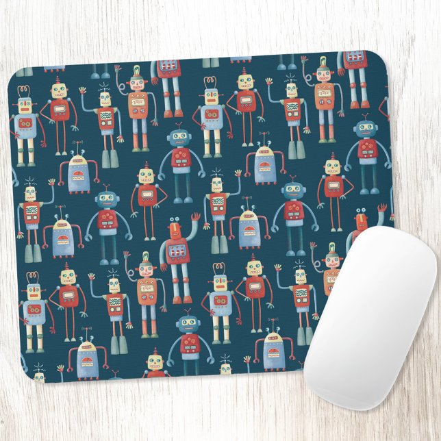 Fun 1950s Style Retro Robot Pattern Dark Mouse Pad (Retro robots fun art mousemat)