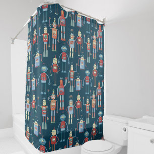 Fun 1950s Style Retro Robot Pattern Dark Shower Curtain