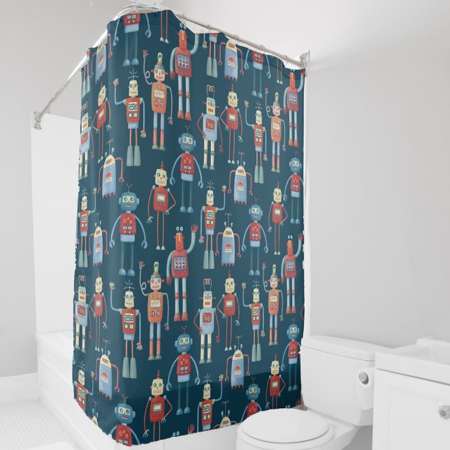Fun 1950s Style Retro Robot Pattern Dark Shower Curtain (Fun retro robots pattern shower curtain)