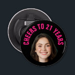 Fun 21st Birthday CUSTOM TEXT Photo Black Pink Bottle Opener<br><div class="desc">Fun birthday photo bottle opener in a retro modern cutout photo design. The year is customisable to suit any birthday year, whether it be your 21st, 30th, 40th, 50th or 60th birthday party! To get the cutout effect please use a png file with the background already cut out. If not,...</div>