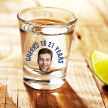 Fun 21st Birthday CUSTOM TEXT Photo  Shot Glass<br><div class="desc">Fun birthday photo shot glass in a retro modern navy blue cutout photo design. The year is customisable to suit any birthday year, whether it be your 21st, 30th, 40th, 50th or 60th birthday party! To get the cutout effect please use a png file with the background already cut out....</div>