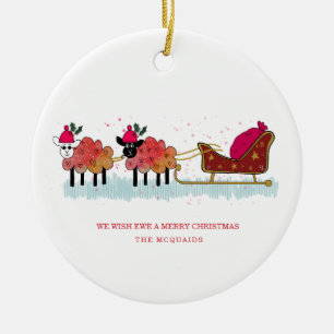 Fun 2 sheep pulling santas sleigh ceramic ornament