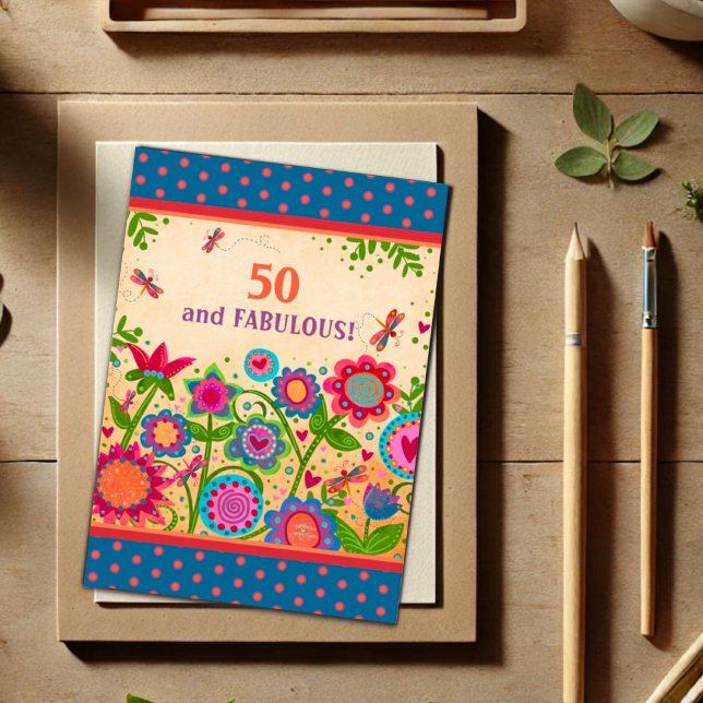 Fun 50 Fabulous Floral Dragonfly Colourful Age Card (Creator Uploaded)
