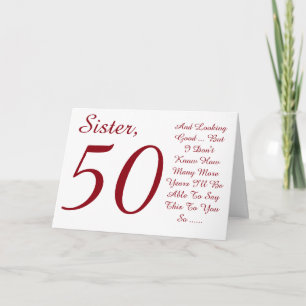 Fun, 50th birthday for sister, red and white text. card
