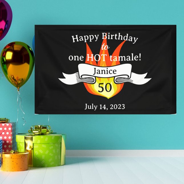 Fun 50th Birthday "Hot Tamale" Funny Personalised Banner (Spice up a 50th birthday party with this fun custom "Hot Tamale" banner!)