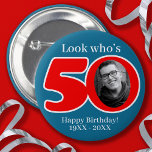 Fun 50th red & blue add your own photo and name 6 cm round badge<br><div class="desc">A fun 50th birthday photo pin button badge in red, and blue hues. Designed for you to add in the photo of your 50th birthday recipient from the past or a current fun photo plus your own choice of wording or name. A fun gift for a sixtieth birthday. Created by...</div>