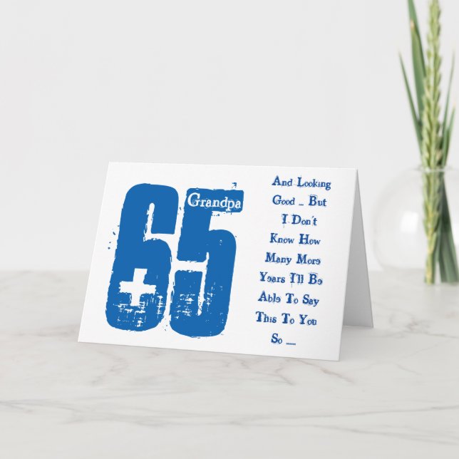 Fun, 65th birthday, grandpa, blue and white text. card (Front)