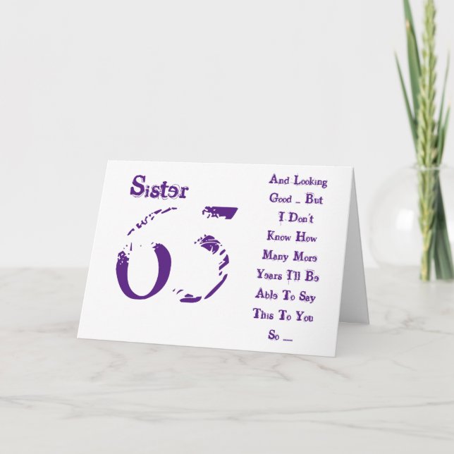 Fun, 65th birthday, sister, purple and white text. card (Front)