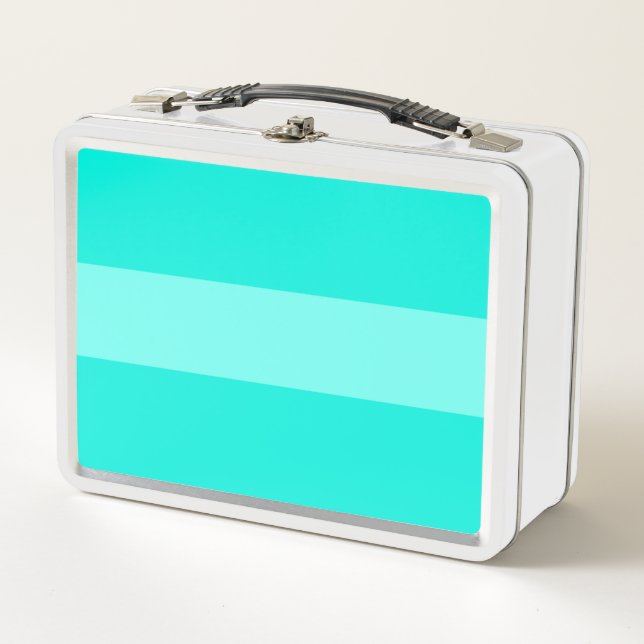 Fun 70s Sporty Retro Wide Bright Aqua Mint Stripes Metal Lunch Box (Front)