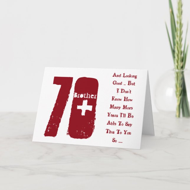 Fun, 70th birthday, brother, red and white text. card (Front)