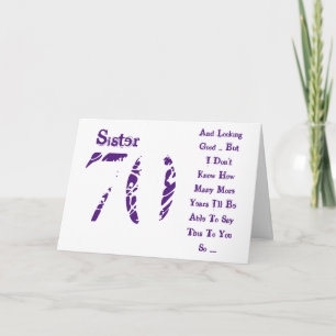 Fun, 70th birthday, sister, purple and white text. card