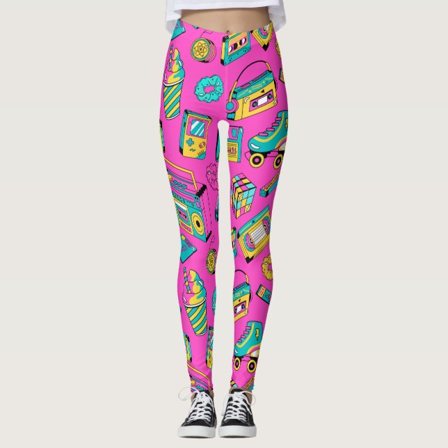 Fun 80s Girly Colourful Retro Bright Neon Pink Leggings (Front)