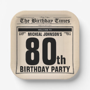 Fun 80th Birthday Old Newspaper Vintage Custom Paper Plate