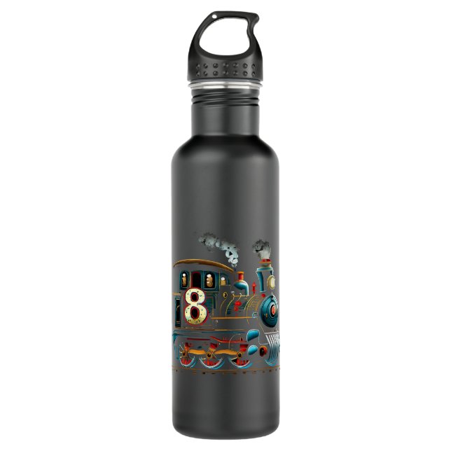 Fun 8th Birthday Train Railway Theme Boys 8 Year O 710 Ml Water Bottle (Front)