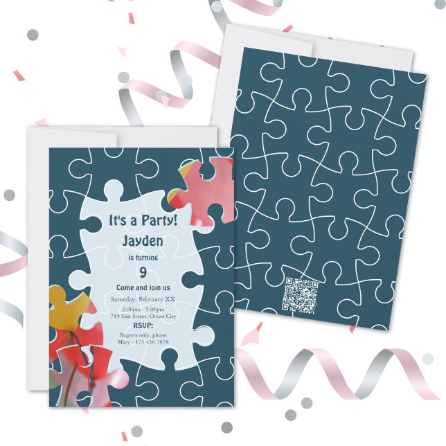 Fun 9th Birthday Puzzle Themed Party Invite Card (Fun 9th Birthday Puzzle Themed Party Invite Card, Flat Card 5x7 Inch)