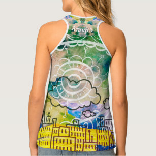 Fun abstract doodle pattern artsy blue lime green  singlet