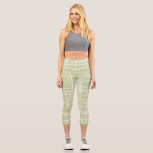 fun abstract line art pale jade green and white capri leggings