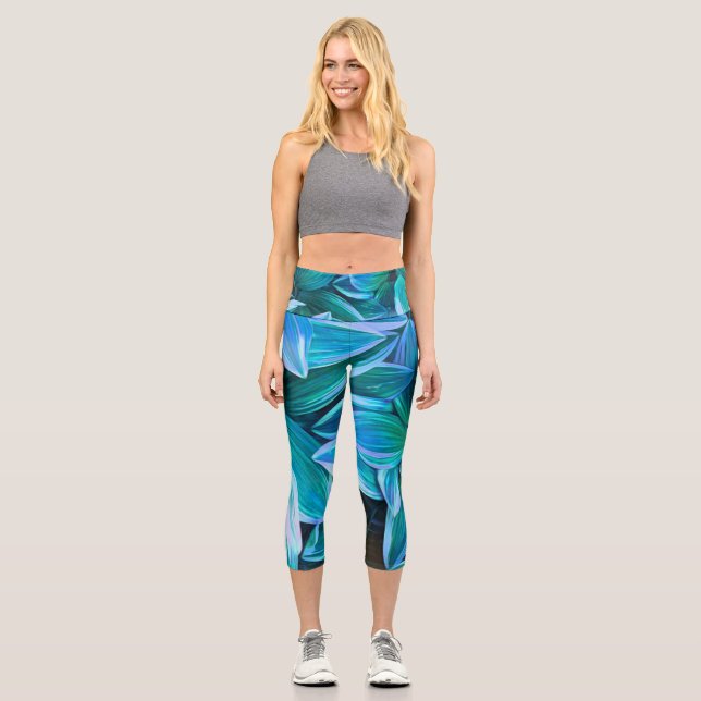 fun abstract nature art blue teal and green  capri leggings (Front)