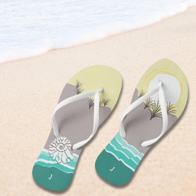 Fun Abstract Sunset Beach Shell & Initials Thongs (Fun Abstract Sunset Beach Shell & Initials Flip Flops)