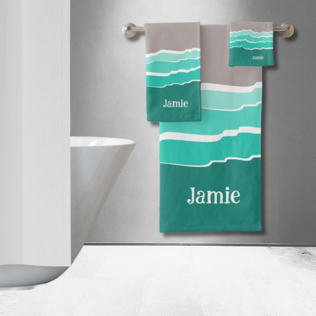 Fun Abstract Sunset Beach Shell & Name Bath Towel Set (Fun Abstract Sunset Beach Shell & Name Bath Towel Set)